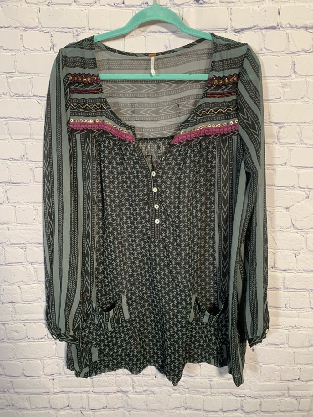 Free People Womens Feather in the Wind Embellished Tunic Gray Sz M Sheer Grunge
